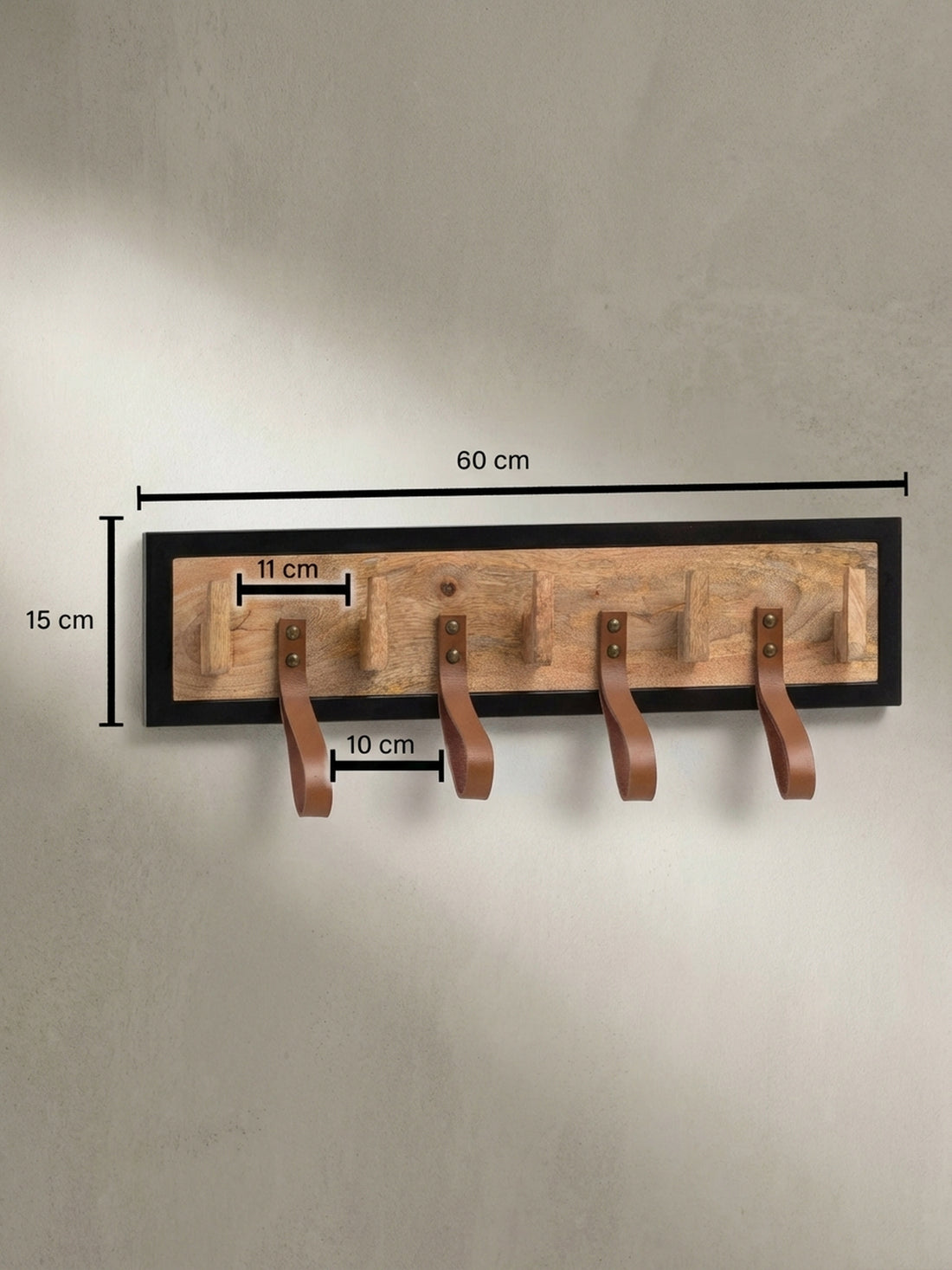 Maßzeichnung Wandgarderobe Mango Massivholz Echtleder Modern 60x15x6 cm mit Schlaufen