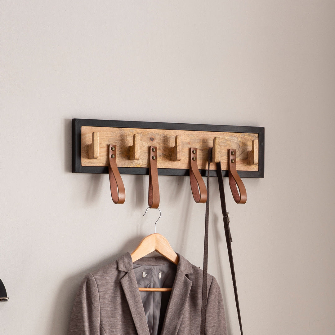 Wandgarderobe Mango Massivholz Echtleder Modern 60x15x6 cm mit Schlaufen