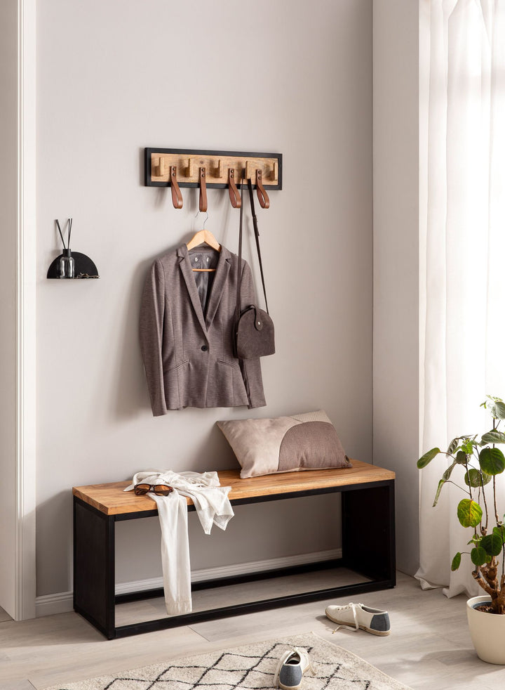 Wandgarderobe Mango Massivholz Echtleder Modern 60x15x6 cm mit Schlaufen