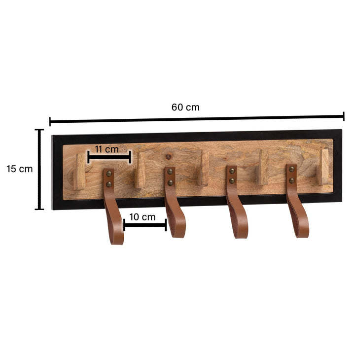 Wandgarderobe Mango Massivholz Echtleder Modern 60x15x6 cm mit Schlaufen