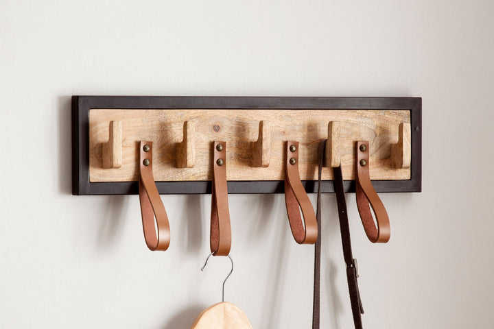 Wandgarderobe Mango Massivholz Echtleder Modern 60x15x6 cm mit Schlaufen