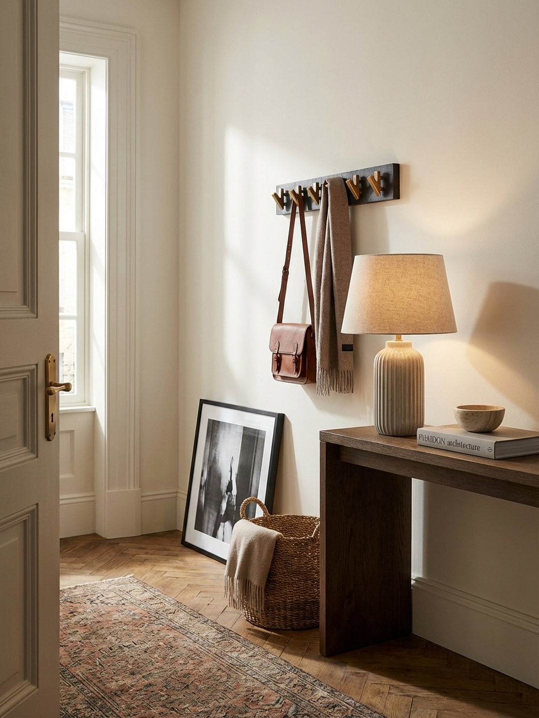 Moderne Wandgarderobe aus schwarzem Mangoholz und Gold in einem eleganten Altbau-Flur mit Fischgrätparkett und einer beigen Wand._