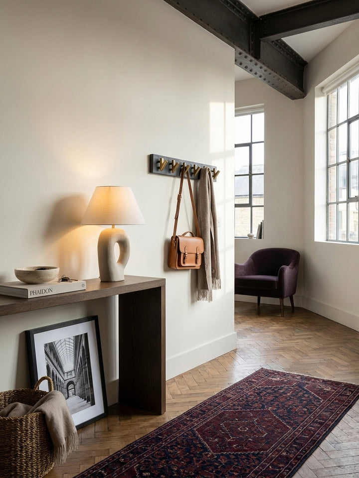 Die Wandgarderobe in Schwarz und Gold kombiniert mit einem Spiegel und einer Konsole als komplettes Garderoben-Set für den Flur._