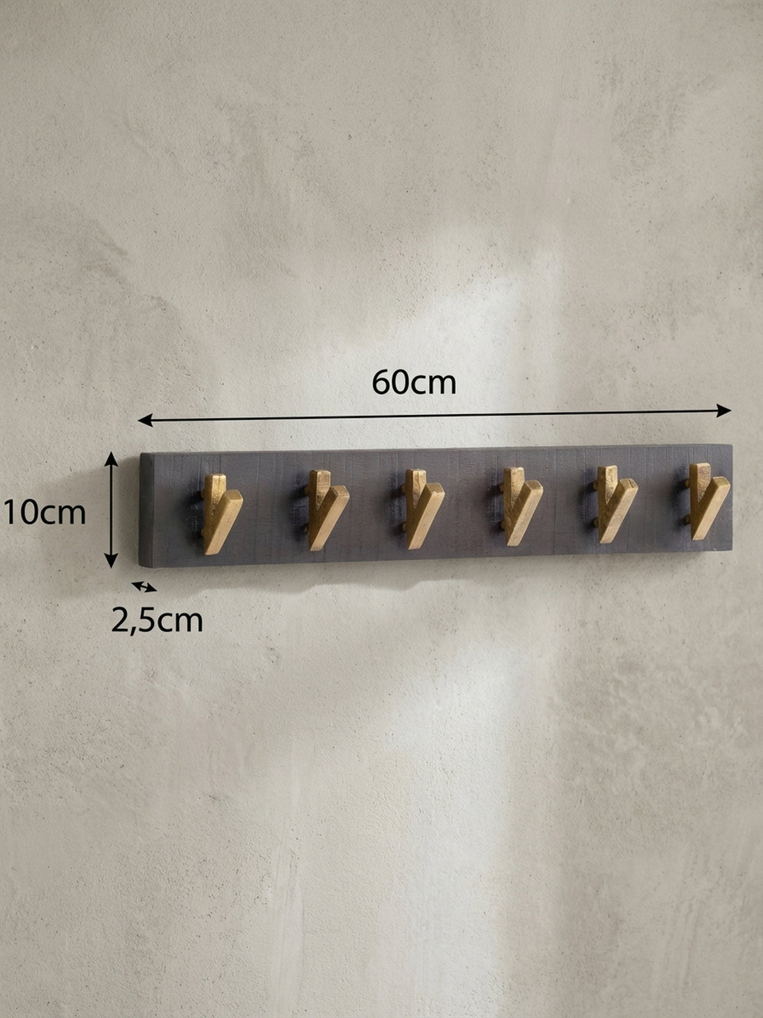 Maßzeichnung Wandgarderobe Mango Massivholz Metall Modern 60x10x8 cm Schwarz Gold