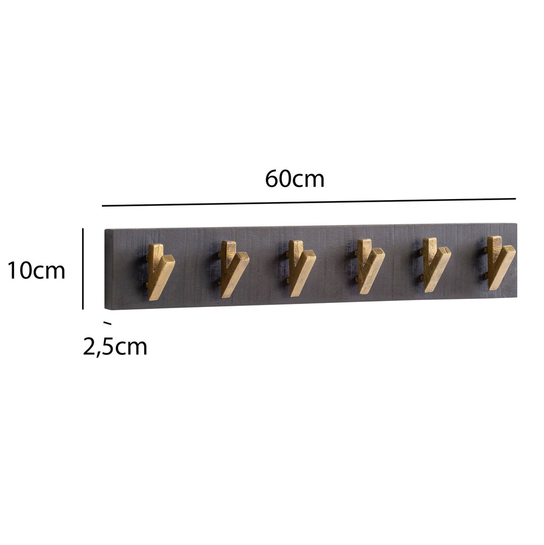 Wandgarderobe Mango Massivholz Metall Modern 60x10x8 cm Schwarz Gold