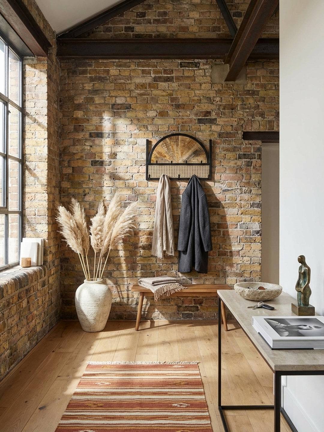 Design Wandgarderobe aus Mango Massivholz und Rattan in einem hellen, einladenden Flur, behängt mit Schal und Hut._