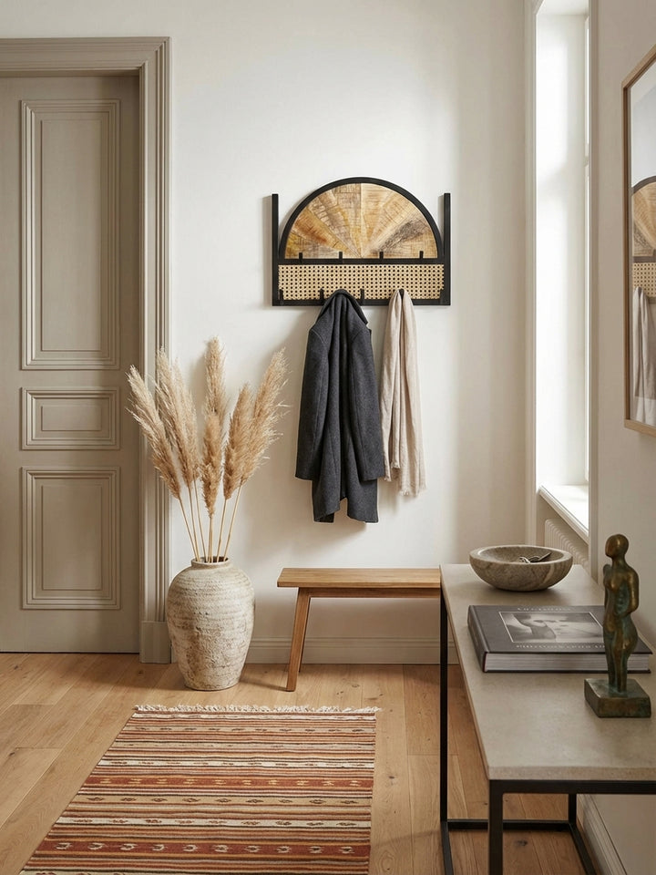 Blick von oben auf die Flurgarderobe mit Wiener Geflecht, die eine aufgeräumte und stilvolle Eingangssituation schafft._