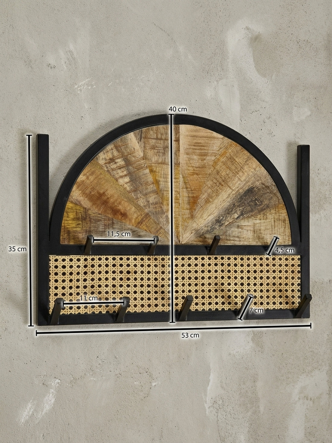 Maßzeichnung Wandgarderobe Mango Massivholz Rattan Metall Modern