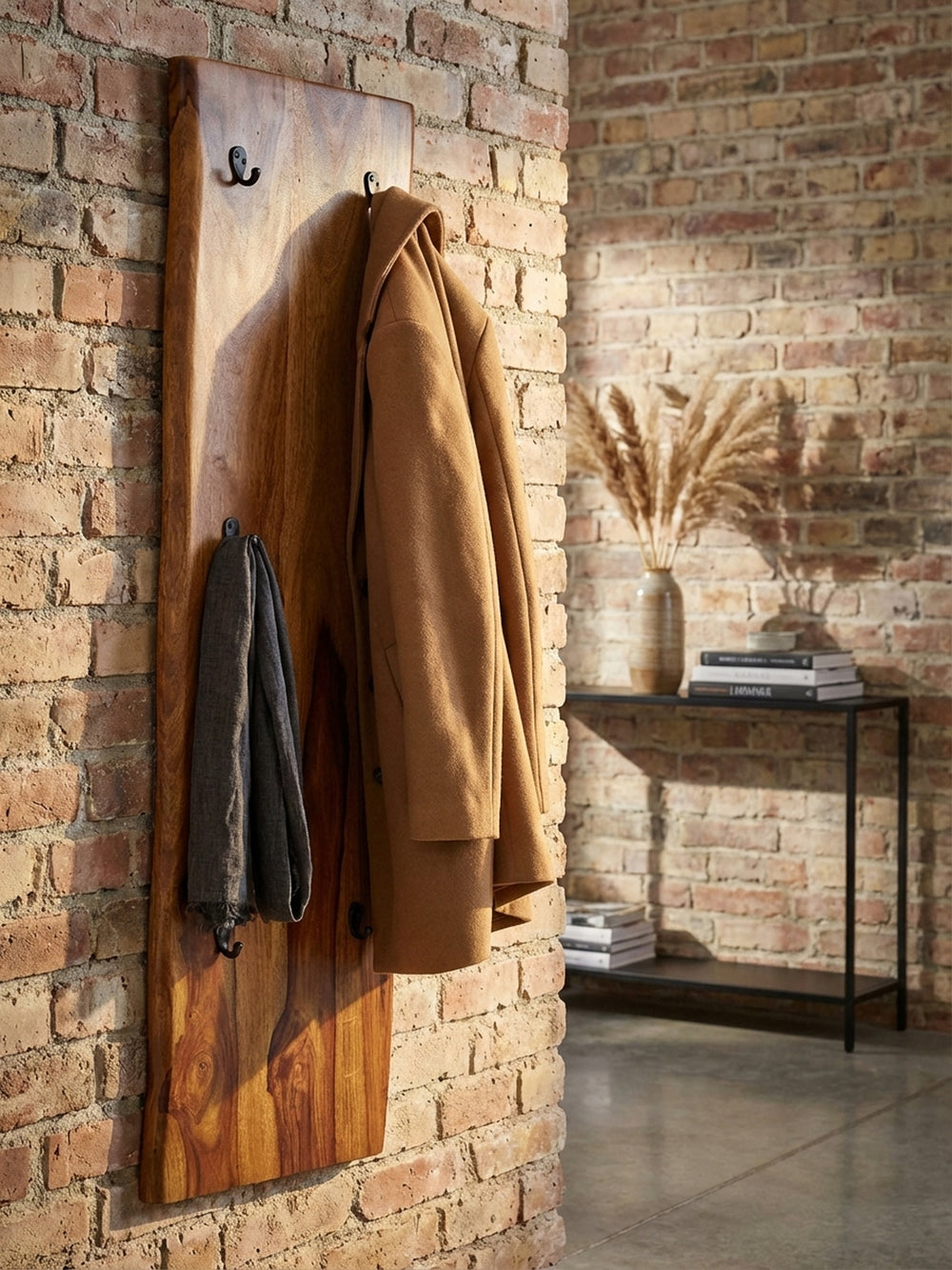 Nahaufnahme der ausdrucksstarken Maserung des Sheesham Massivholzes der Garderobe, versiegelt mit Klarlack für eine natürliche und warme Haptik._