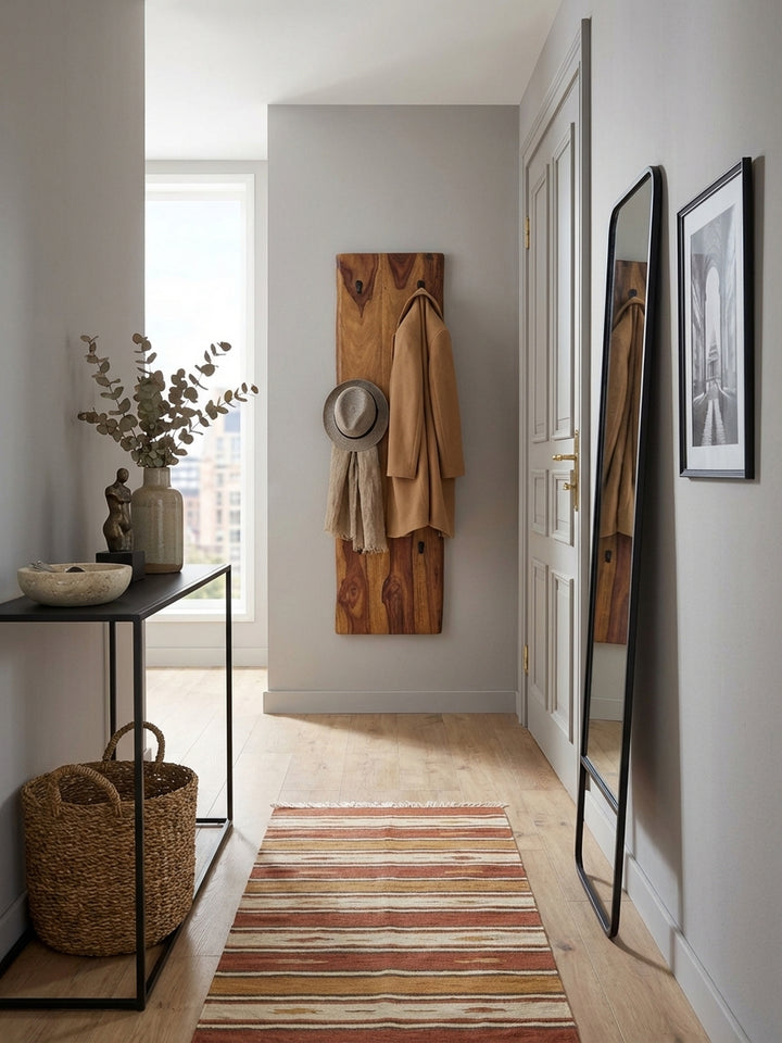 Elegante Wandgarderobe aus Sheesham Massivholz mit Baumkante in einem hellen Flur, behängt mit Hut und Jacke, schafft eine einladende Atmosphäre._