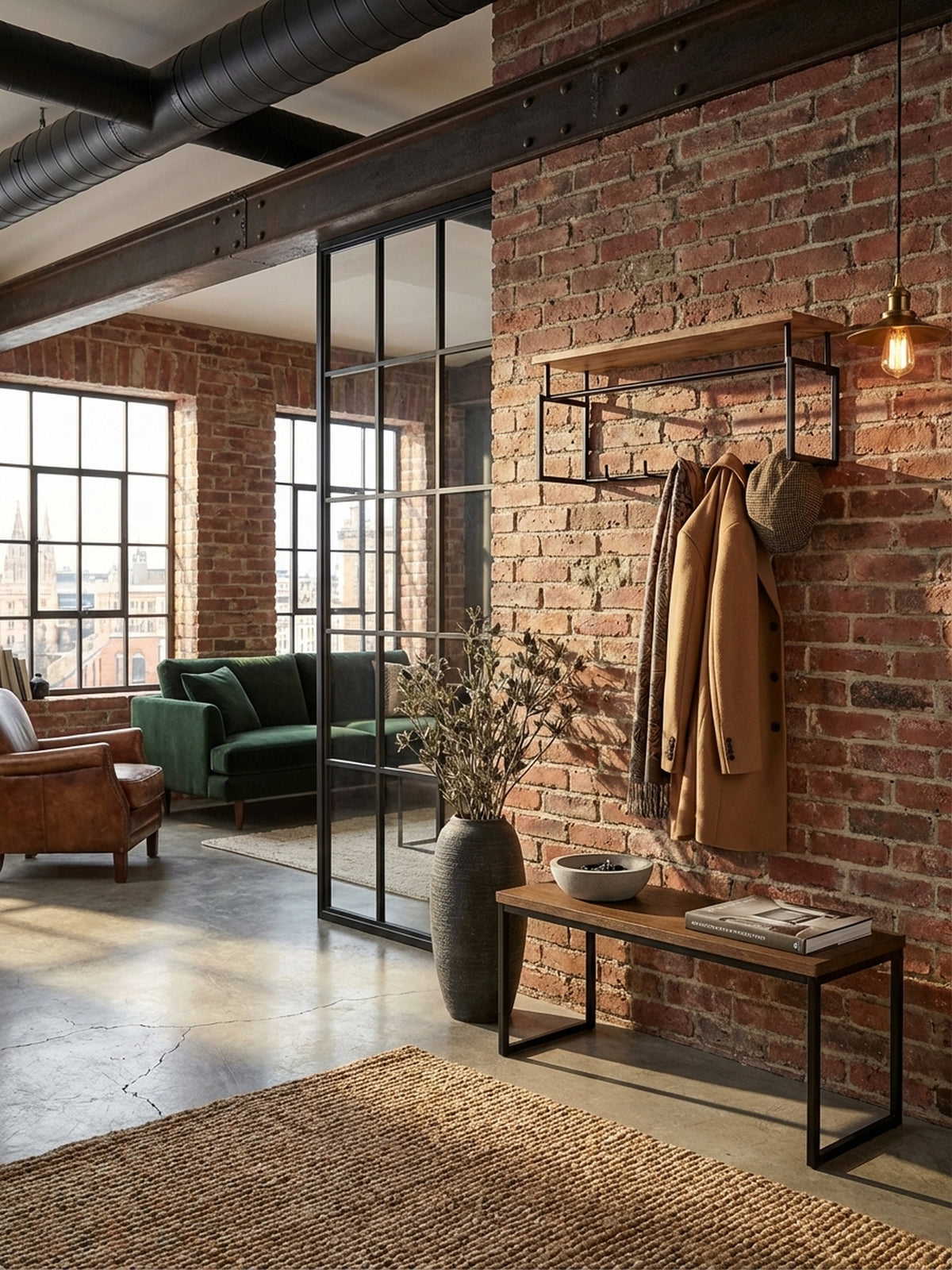 Stilvolle Wandgarderobe im Industrial-Look in einem hellen Flur, mit einer Jacke und Tasche daran aufgehängt, die Funktionalität und das Design im Eingangsbereich unterstreichen.