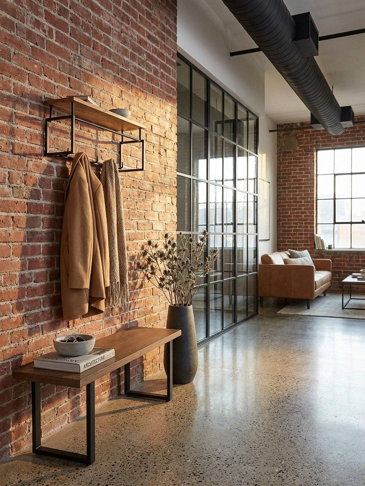 Design Wandgarderobe aus Mango Massivholz und Metall von oben betrachtet, zeigt die Ablagefläche und die Anordnung der Haken, ideal für die Organisation im Flur.