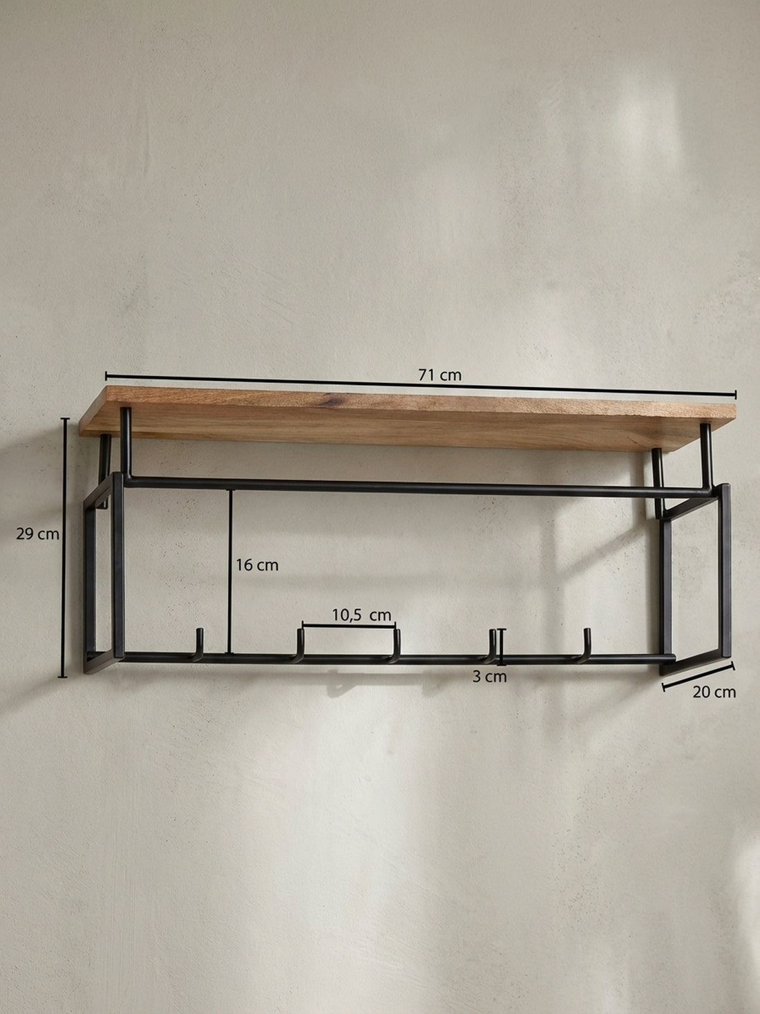 Maßzeichnung Wandgarderobe Mango Massivholz Metall Modern für Eingangsbereich