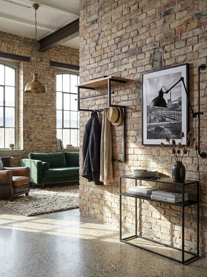 Vogelperspektive einer Flurgarderobe im Industrial-Stil, die räumliche Anordnung mit Kleiderstange und Ablage aus Holz zeigend._