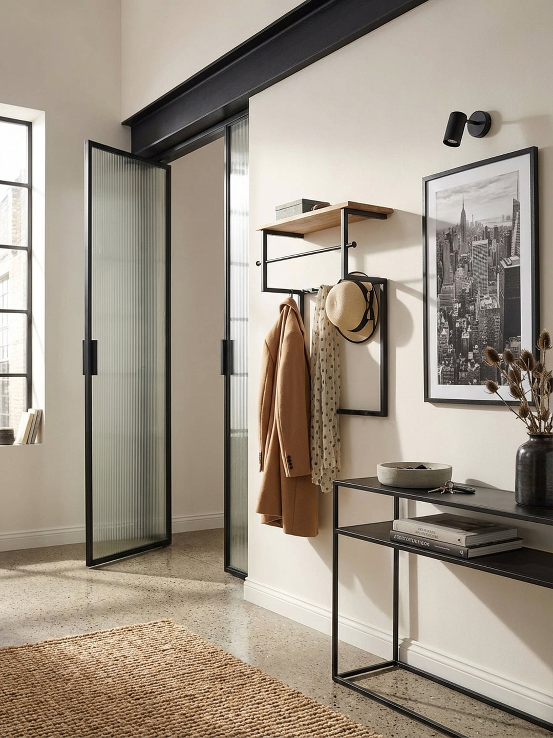 Design Wandgarderobe aus Mango Massivholz und Metall in einem hellen, industriell eingerichteten Flur, behängt mit einem beigen Blazer._