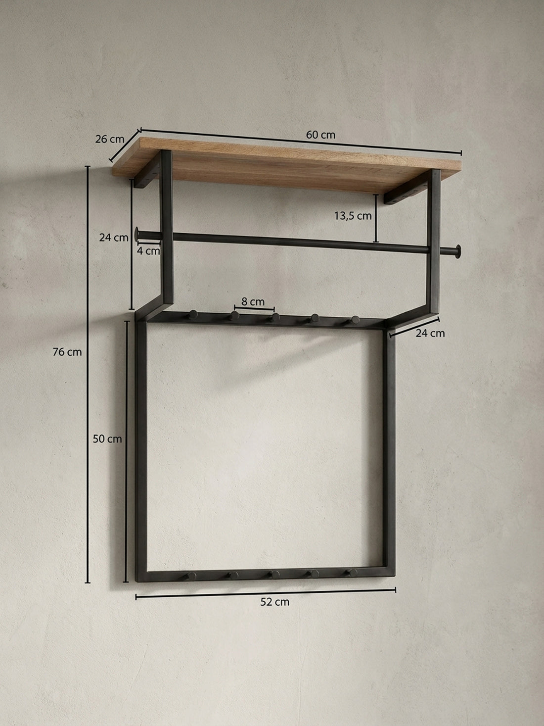Maßzeichnung Wandgarderobe Massivholz Metall Modern mit 10 Haken, Kleiderstange und Ablage