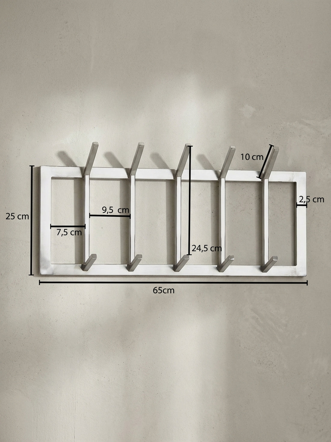 Maßzeichnung Wandgarderobe Metall Silber Modern mit 10 Haken