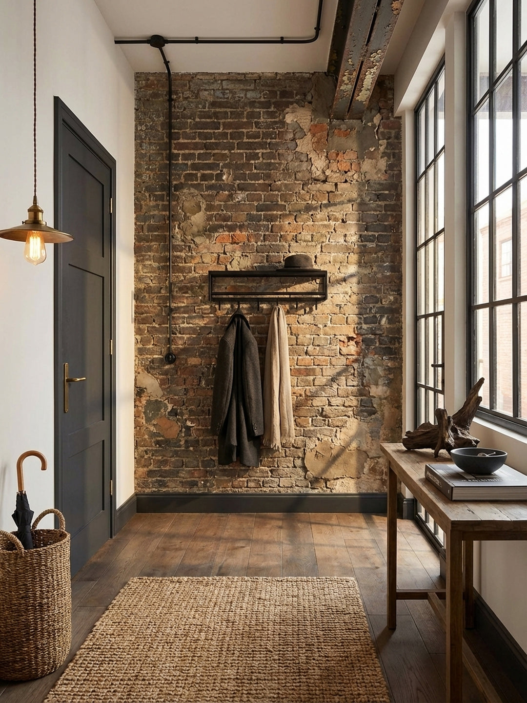 Moderne Wandgarderobe aus schwarzem Metall, stilvoll in einem hellen Flur mit Eichenparkett und einer Holzbank montiert, perfekt für Mäntel und Taschen._