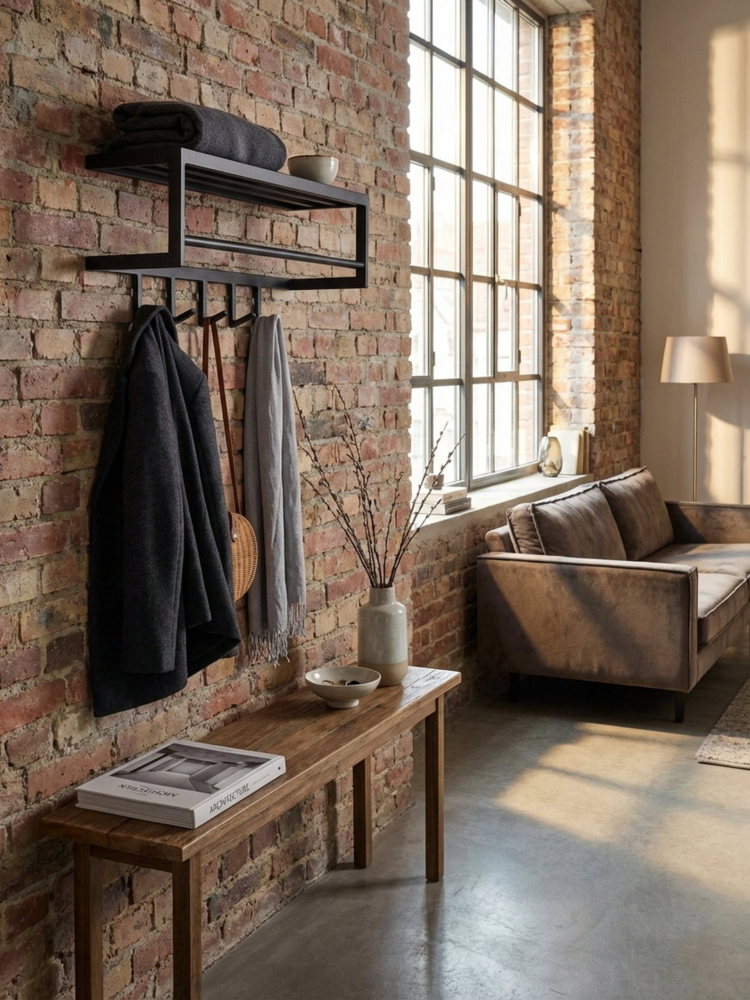 Detailaufnahme der mattschwarzen, pulverbeschichteten Oberfläche der Stahl-Wandgarderobe, die die feine Textur des robusten Materials hervorhebt._