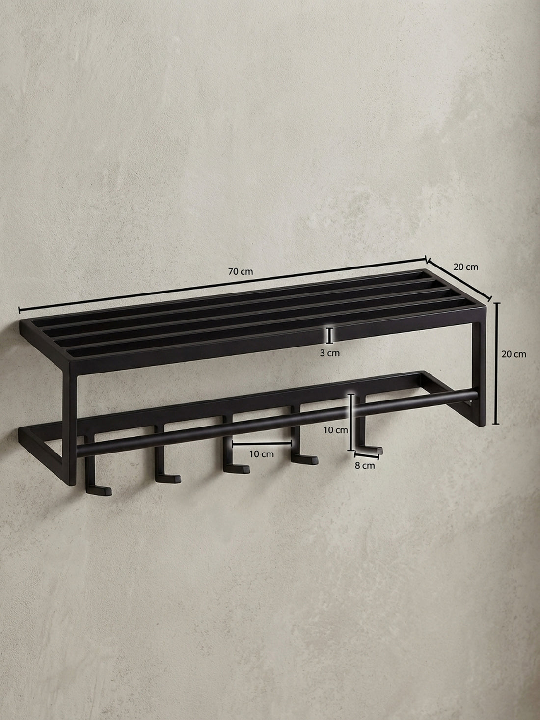 Maßzeichnung Wandgarderobe Metall Schwarz Modern mit 5 Haken und Kleiderstange