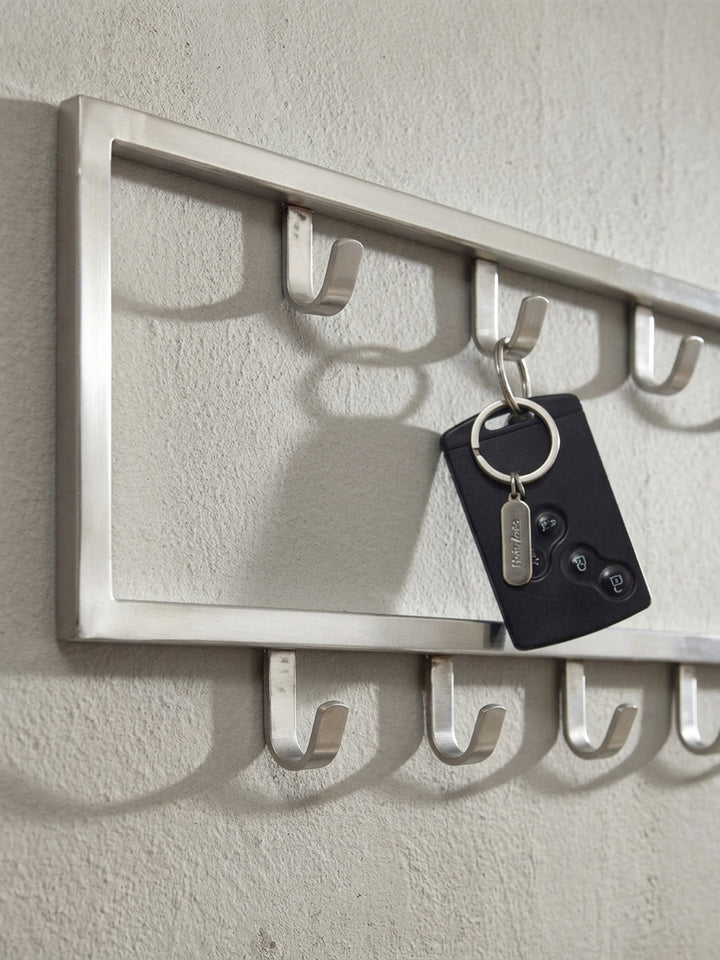 Nahaufnahme eines einzelnen Kleiderhakens der silbernen Wandgarderobe, der die saubere Schweißnaht und die hochwertige Verarbeitung des matten Stahls demonstriert._