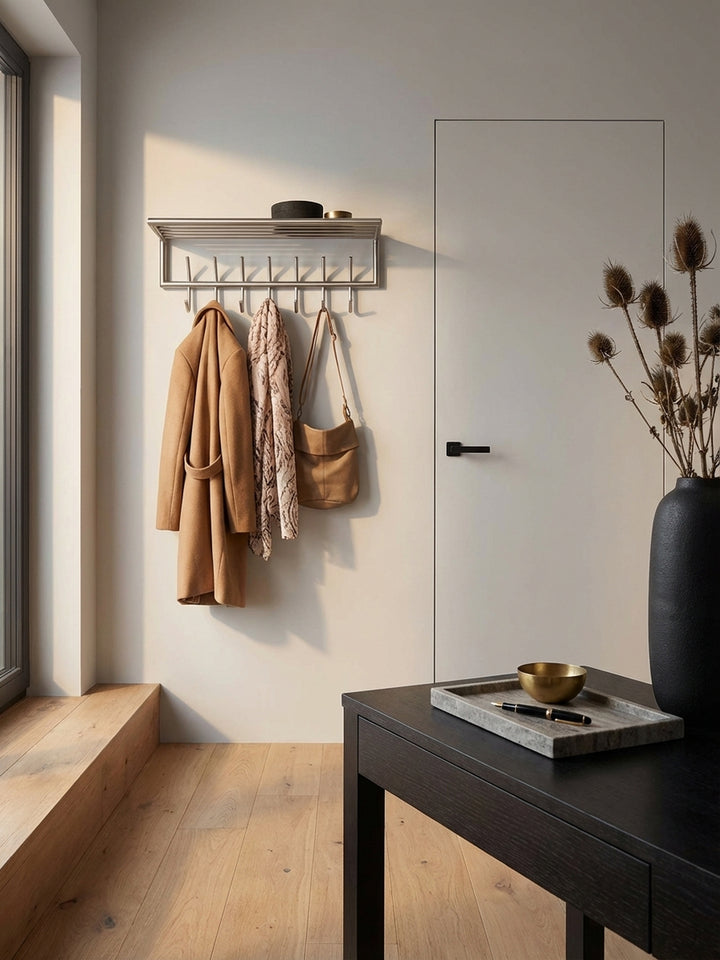 Elegante Flurgarderobe aus Stahl von oben betrachtet, zeigt die geräumige Ablage und die 14 Haken für Jacken und Taschen in einem modern eingerichteten Eingangsbereich._