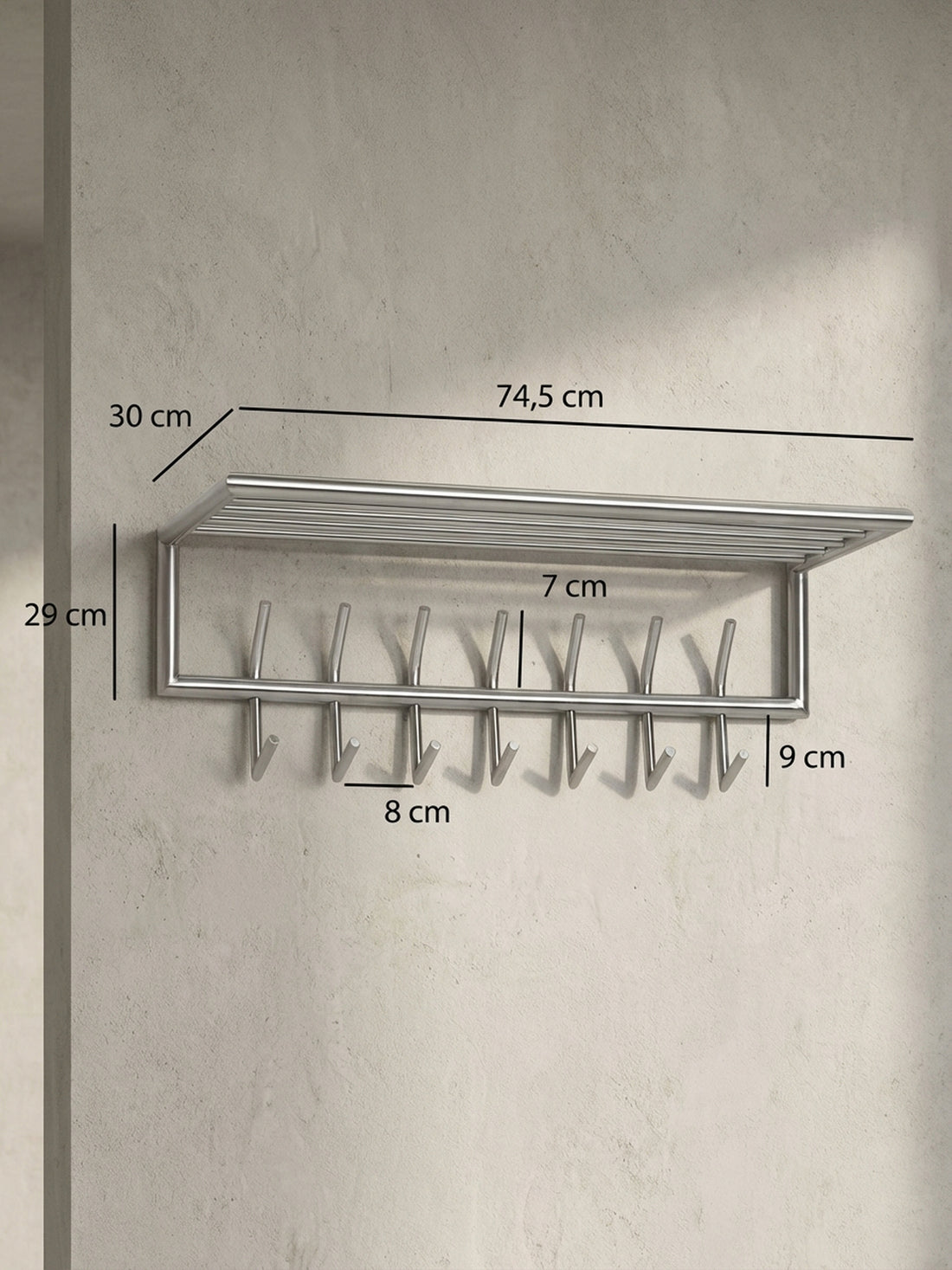 Maßzeichnung Wandgarderobe Metall Silber Modern mit Aufbewahrungsmöglichkeiten