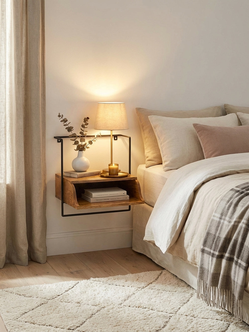 Schwebender Nachttisch aus Mango Massivholz, montiert neben einem eleganten Bett mit weißer Bettwäsche in einem hellen, modernen Schlafzimmer._