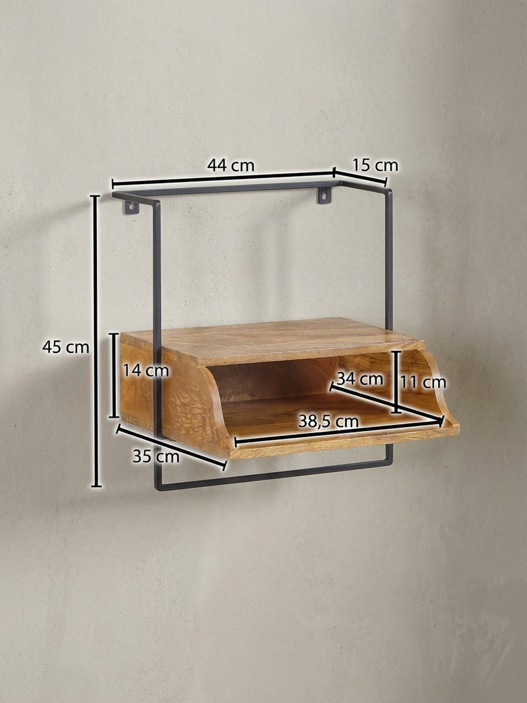 Technische Zeichnung des Nachttisches mit exakten Maßen 44x45x35 cm, ideal zur Planung der Wandmontage im Schlafzimmer neben einem Boxspringbett._
