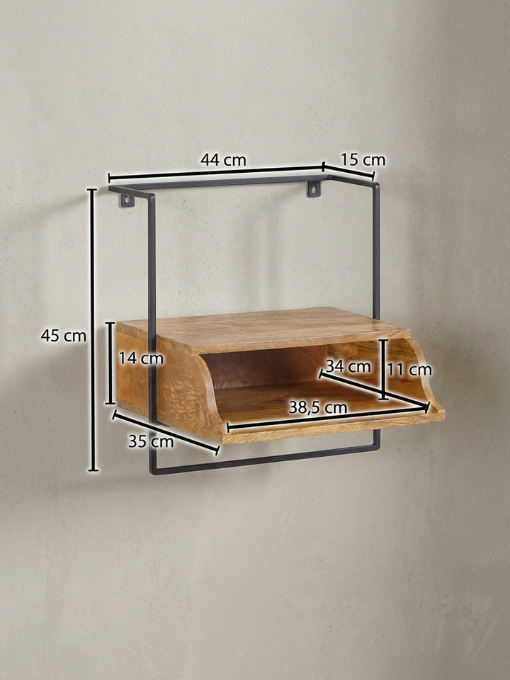 Technische Zeichnung des Nachttisches mit exakten Maßen 44x45x35 cm, ideal zur Planung der Wandmontage im Schlafzimmer neben einem Boxspringbett._