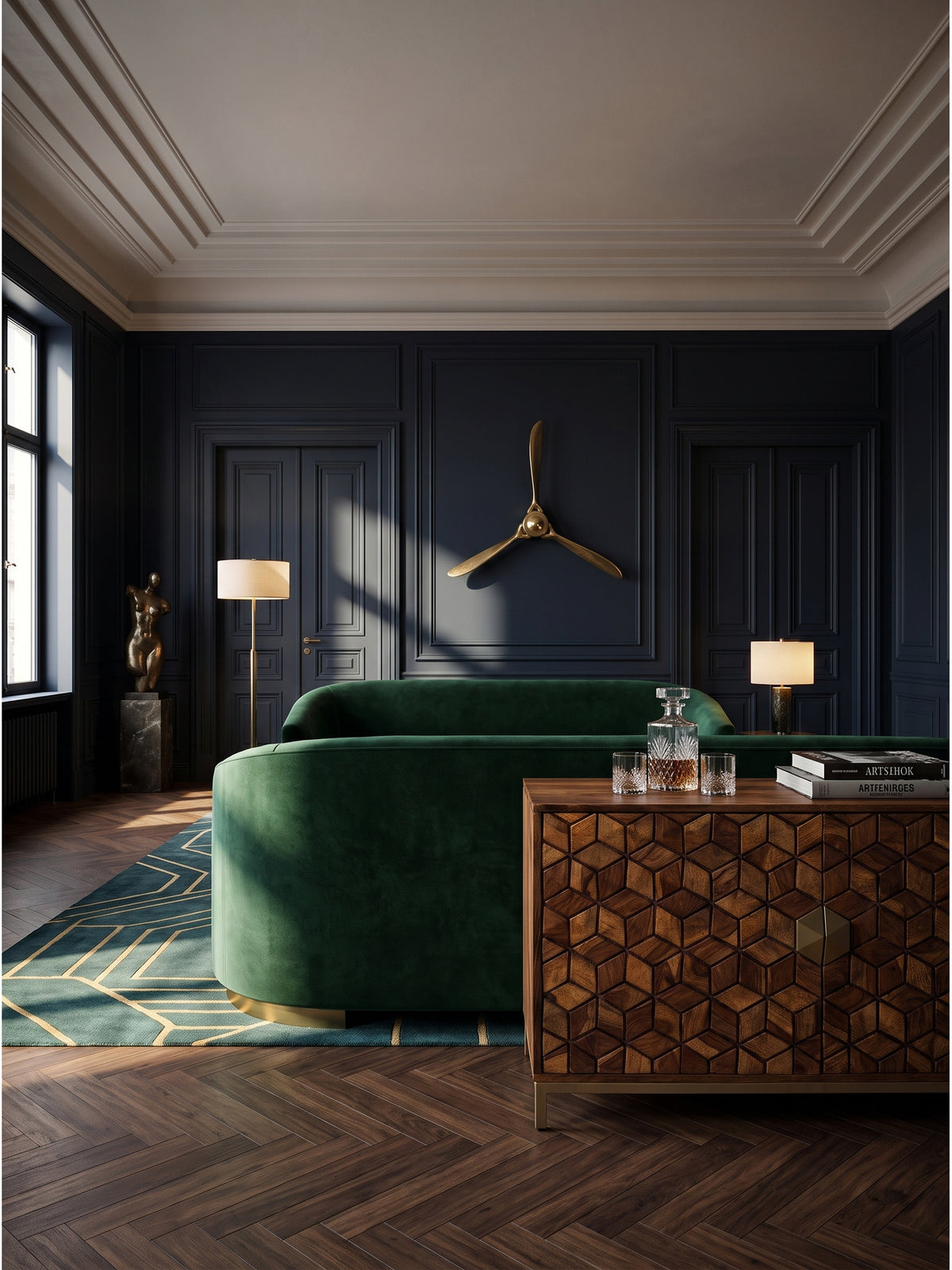 Großer Deko Propeller aus Aluminium in Gold 85x85 cm an einer nachtblauen Wand über einem smaragdgrünen Samtsofa im eleganten Art Deco Wohnzimmer._