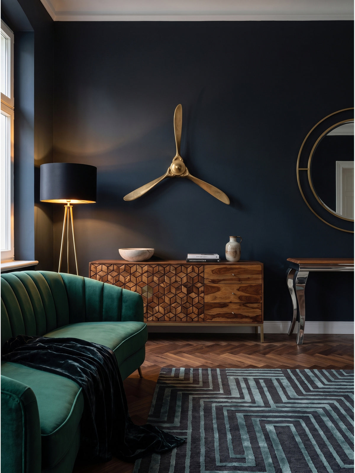 Wanddekoration Propeller aus Aluminium in Gold 85x85 cm kombiniert mit dunklen Holzmöbeln und Samttextilien im Vintage Stil._