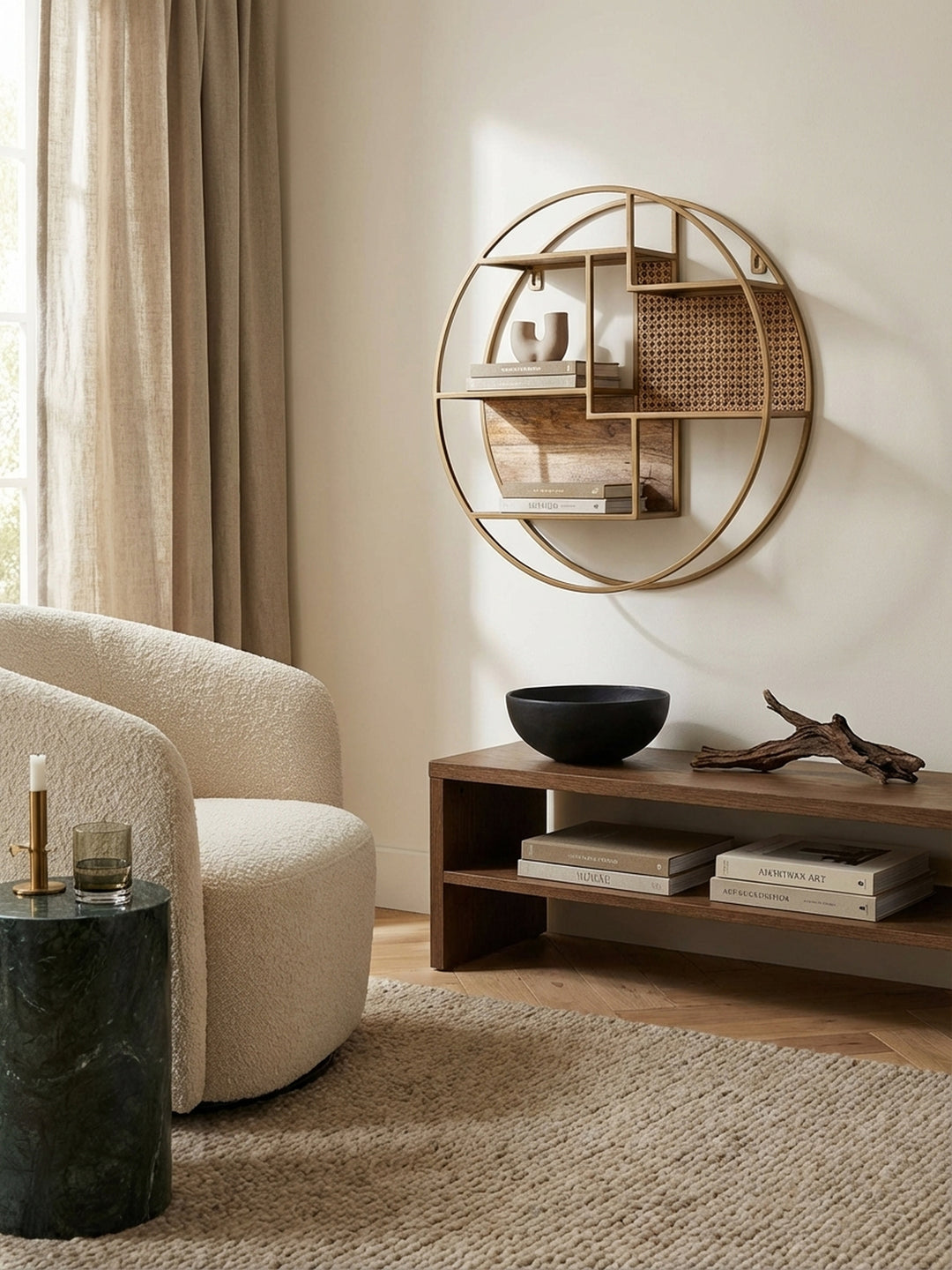 Draufsicht auf ein Wohnzimmer mit dem runden Hängeregal aus Rattan und Holz, das als zentrales Kunstwerk über einer Konsole hängt und die Raumaufteilung harmonisch ergänzt._