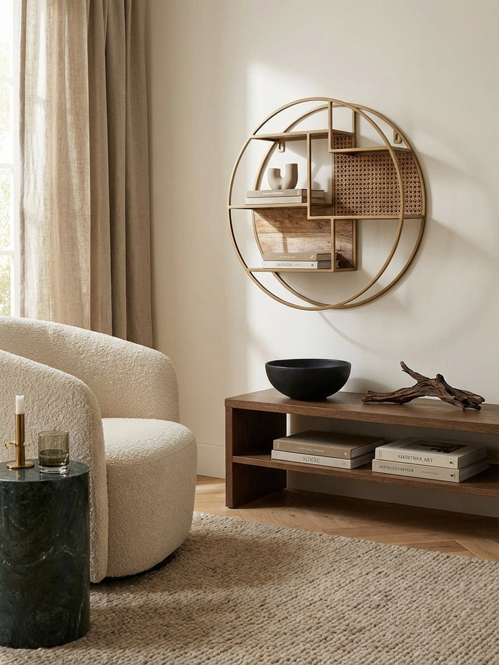 Draufsicht auf ein Wohnzimmer mit dem runden Hängeregal aus Rattan und Holz, das als zentrales Kunstwerk über einer Konsole hängt und die Raumaufteilung harmonisch ergänzt._