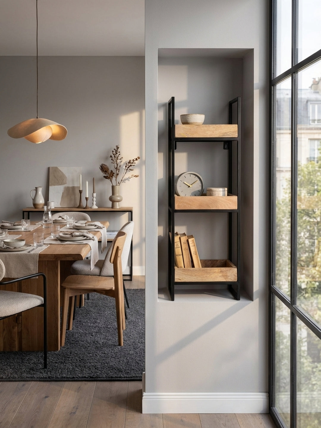 Das schmale Wandregal im Industrial-Stil harmoniert perfekt neben einem minimalistischen Sideboard und einem gemütlichen Sessel in einem modernen Wohnbereich._