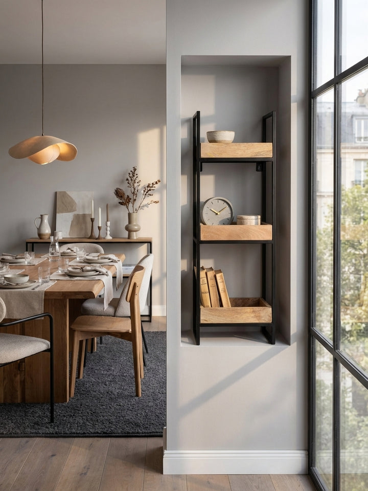 Das schmale Wandregal im Industrial-Stil harmoniert perfekt neben einem minimalistischen Sideboard und einem gemütlichen Sessel in einem modernen Wohnbereich._