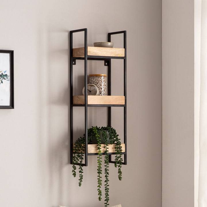 Wandregal Mango Massivholz Metall Industrial Stil 27x77x18 cm Rechteckig mit 3 Ablagen
