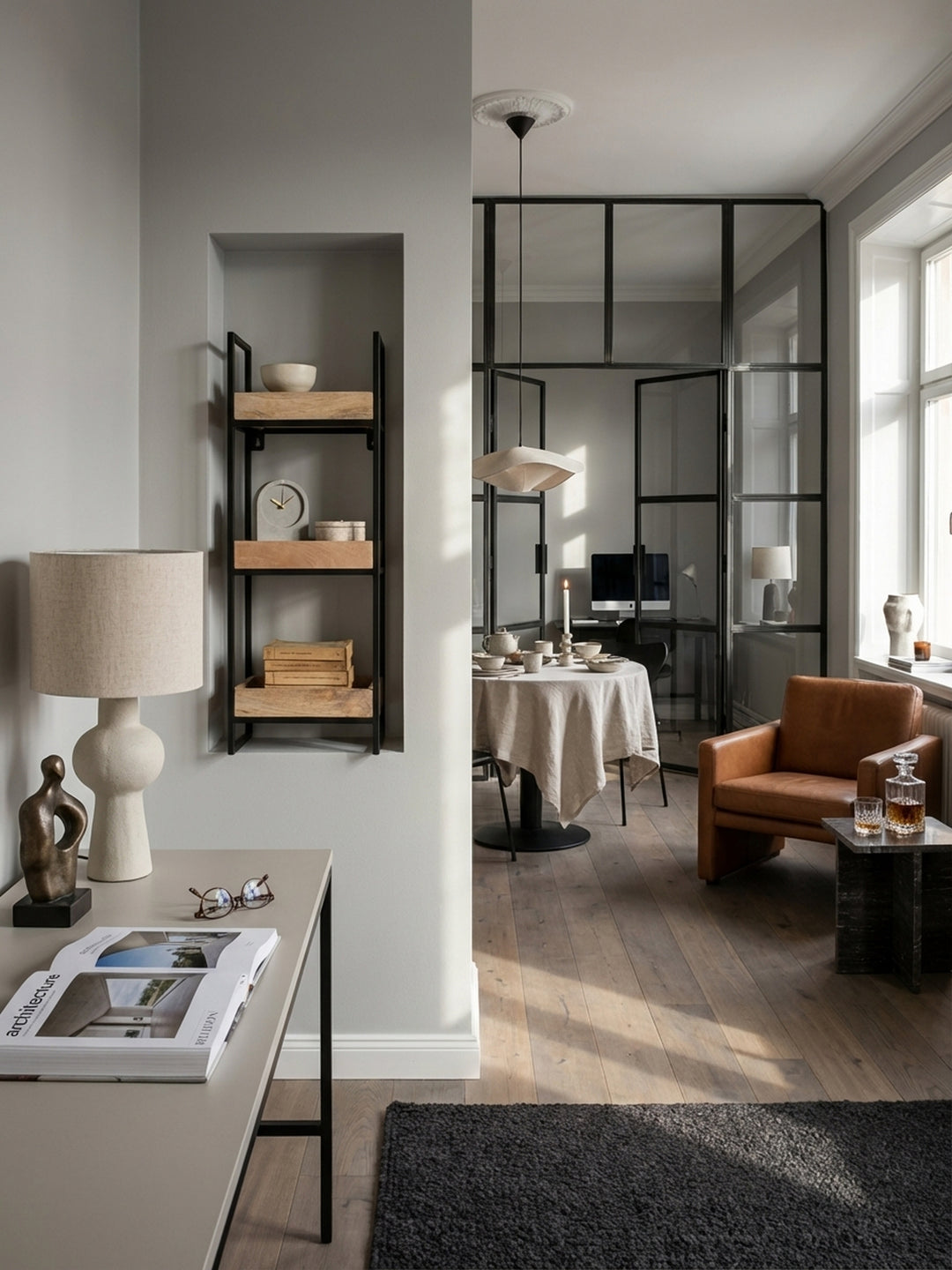 Industrielles Wandregal aus Mango-Massivholz und schwarzem Metall, stilvoll dekoriert in einem Altbau-Wohnzimmer mit hohen Decken und Holzboden._