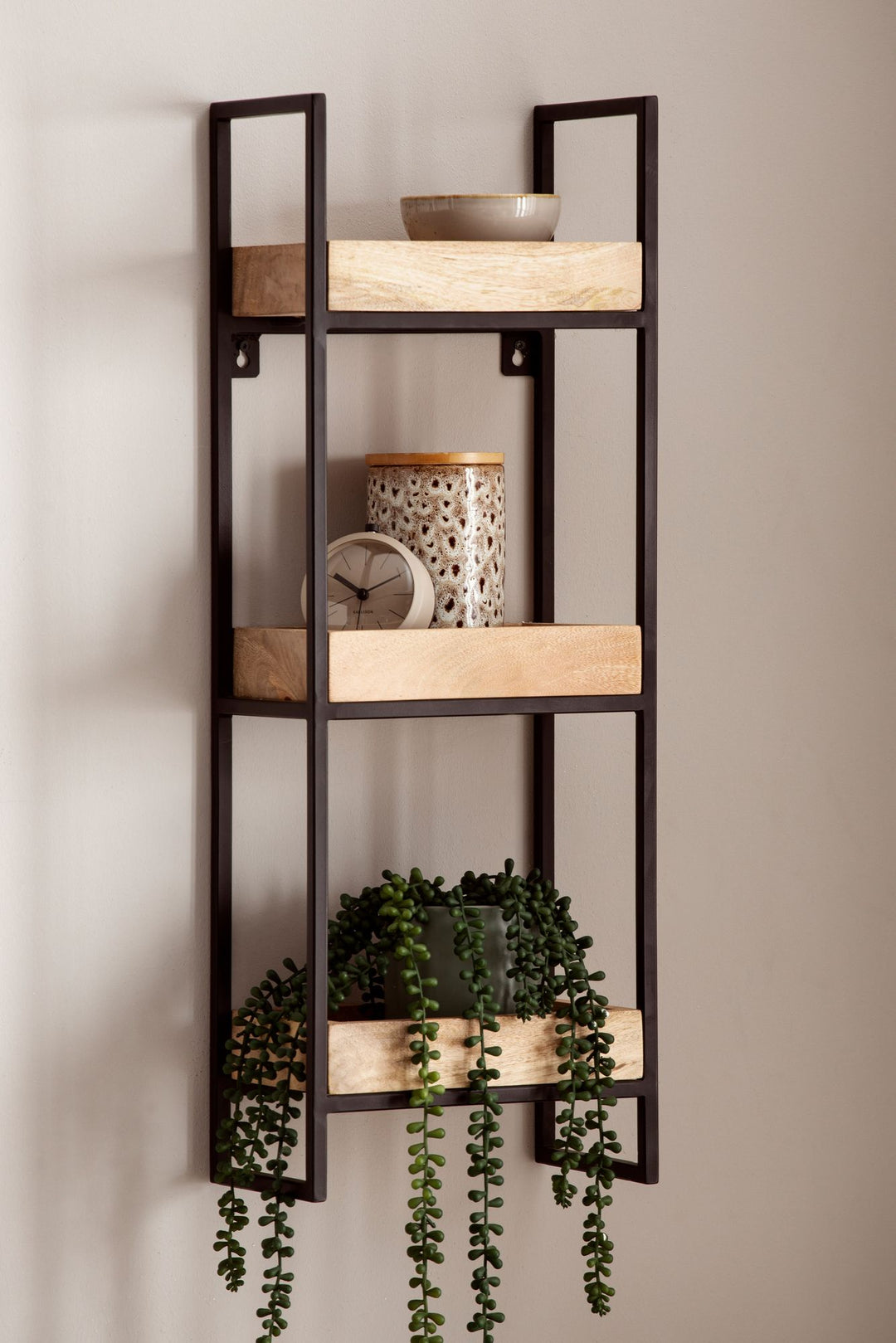 Wandregal Mango Massivholz Metall Industrial Stil 27x77x18 cm Rechteckig mit 3 Ablagen
