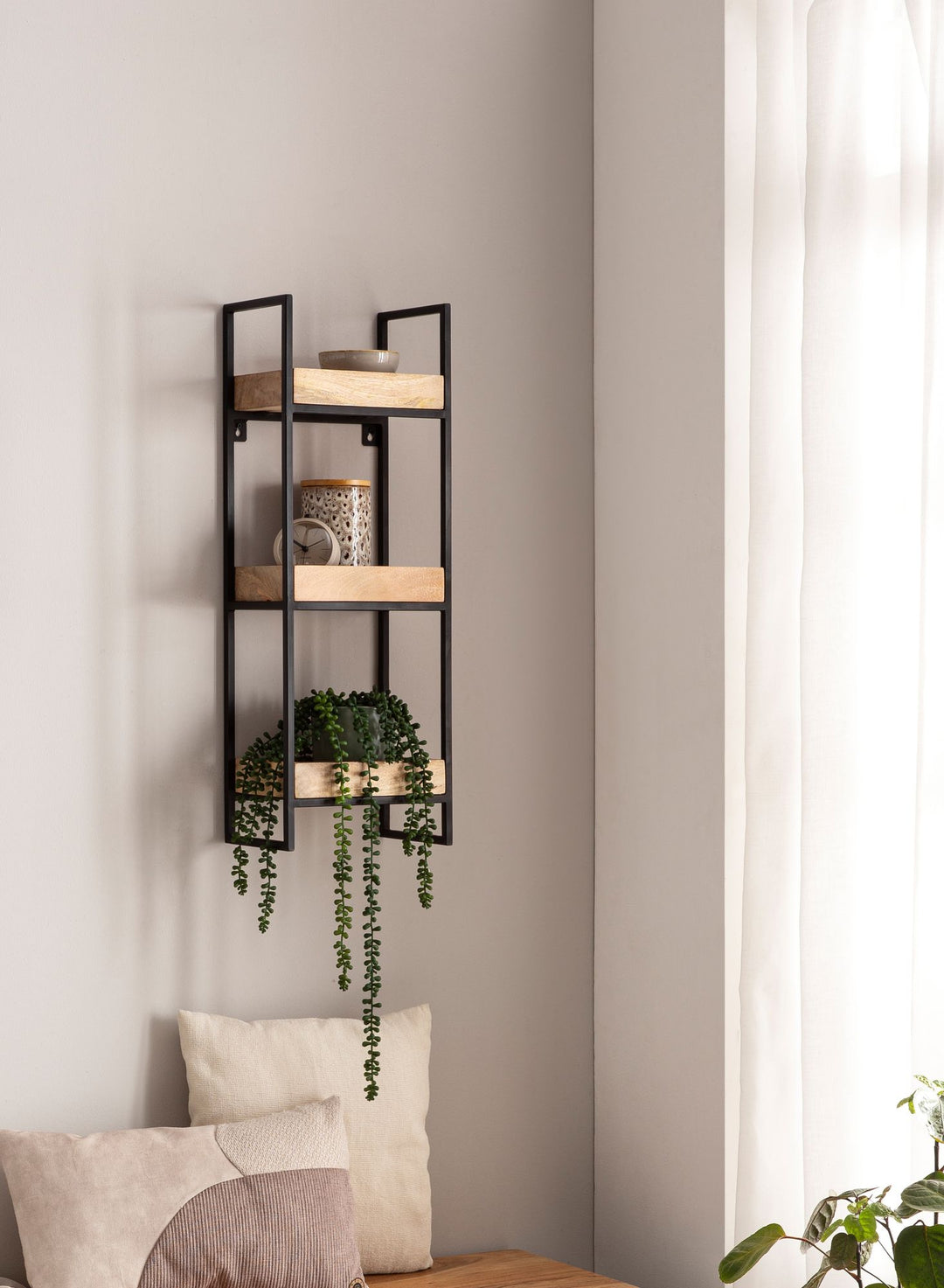 Wandregal Mango Massivholz Metall Industrial Stil 27x77x18 cm Rechteckig mit 3 Ablagen