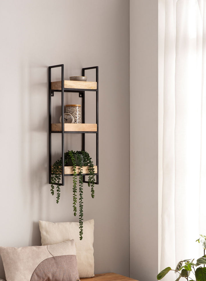 Wandregal Mango Massivholz Metall Industrial Stil 27x77x18 cm Rechteckig mit 3 Ablagen