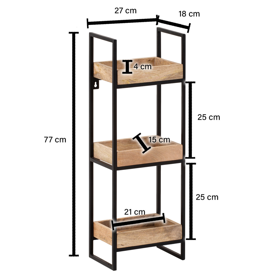 Wandregal Mango Massivholz Metall Industrial Stil 27x77x18 cm Rechteckig mit 3 Ablagen
