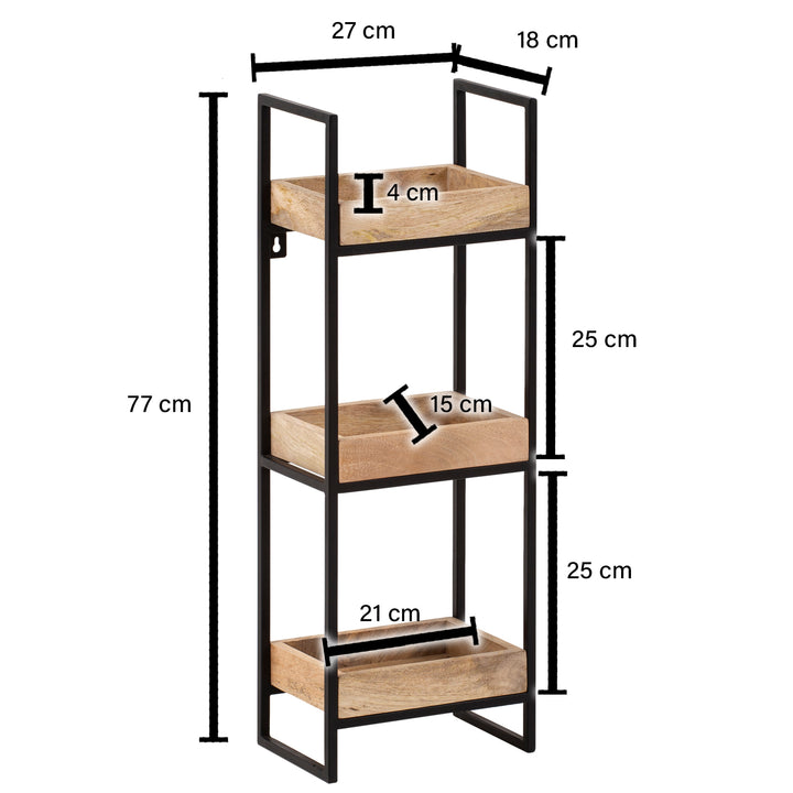 Wandregal Mango Massivholz Metall Industrial Stil 27x77x18 cm Rechteckig mit 3 Ablagen
