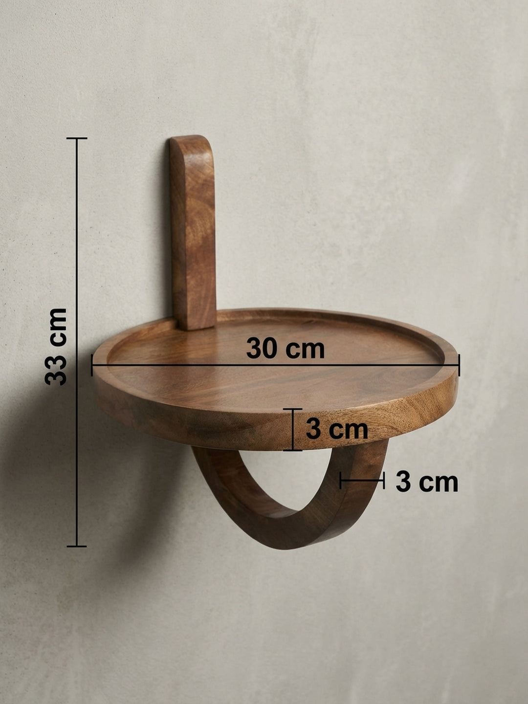 Technisches Bild des Wandregals mit genauen Maßen: 30 cm Breite, 33 cm Höhe und 3 cm Holzstärke zur perfekten Raumplanung._