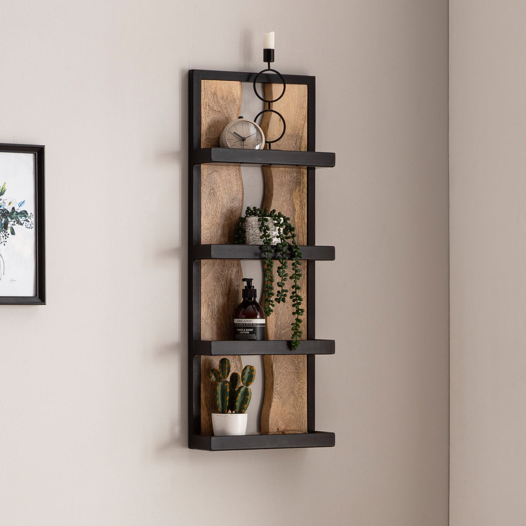 Wandregal Mango Massivholz Metall Industrial Stil 30x80x10 cm Rechteckig mit 4 Ablagen und Wellenmuster