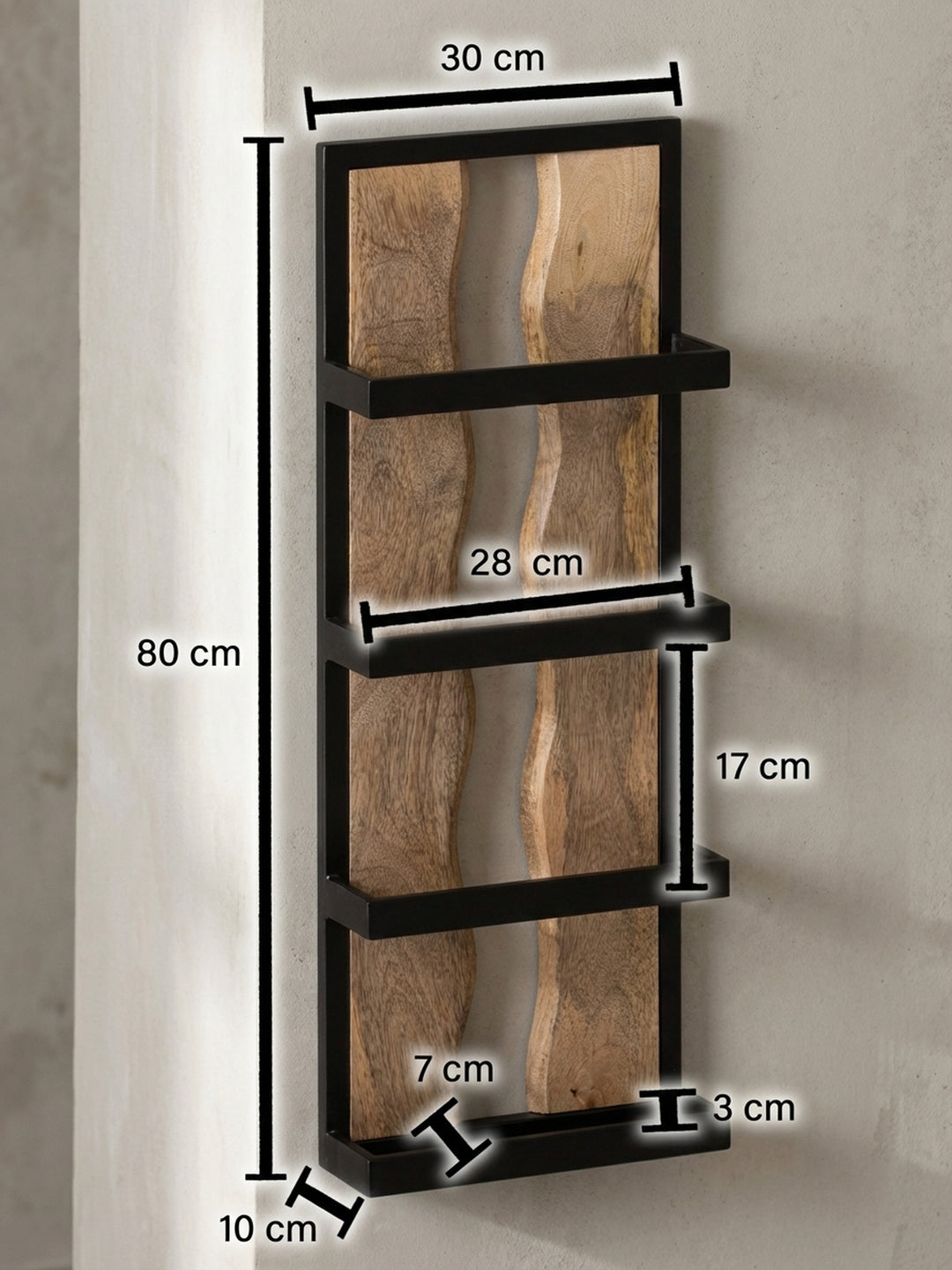 Technisches Maßbild des Wandregals mit allen Abmessungen: Höhe 80 cm, Breite 30 cm und Tiefe 10 cm, ideal für die Planung in Flur oder Wohnzimmer._
