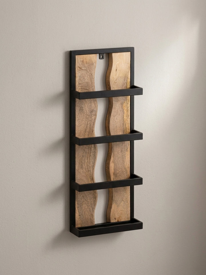 Wandregal 30x80x10 cm Mango Massivholz / Metall Hängeregal Industrial - Design Schweberegal Rechteckig - Regal Hängend Wohnzimmer - Holzregal Wand mit 4 Ablagen &amp;amp; Wellenmuster_