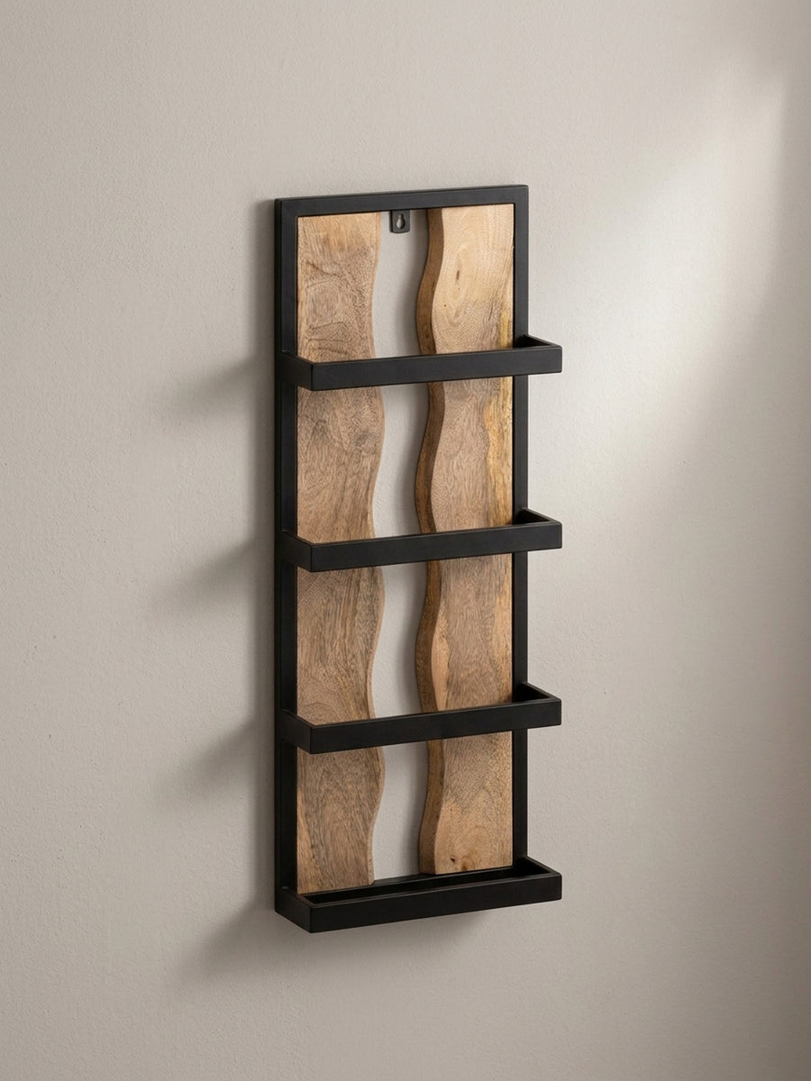 Wandregal 30x80x10 cm Mango Massivholz / Metall Hängeregal Industrial - Design Schweberegal Rechteckig - Regal Hängend Wohnzimmer - Holzregal Wand mit 4 Ablagen &amp; Wellenmuster_