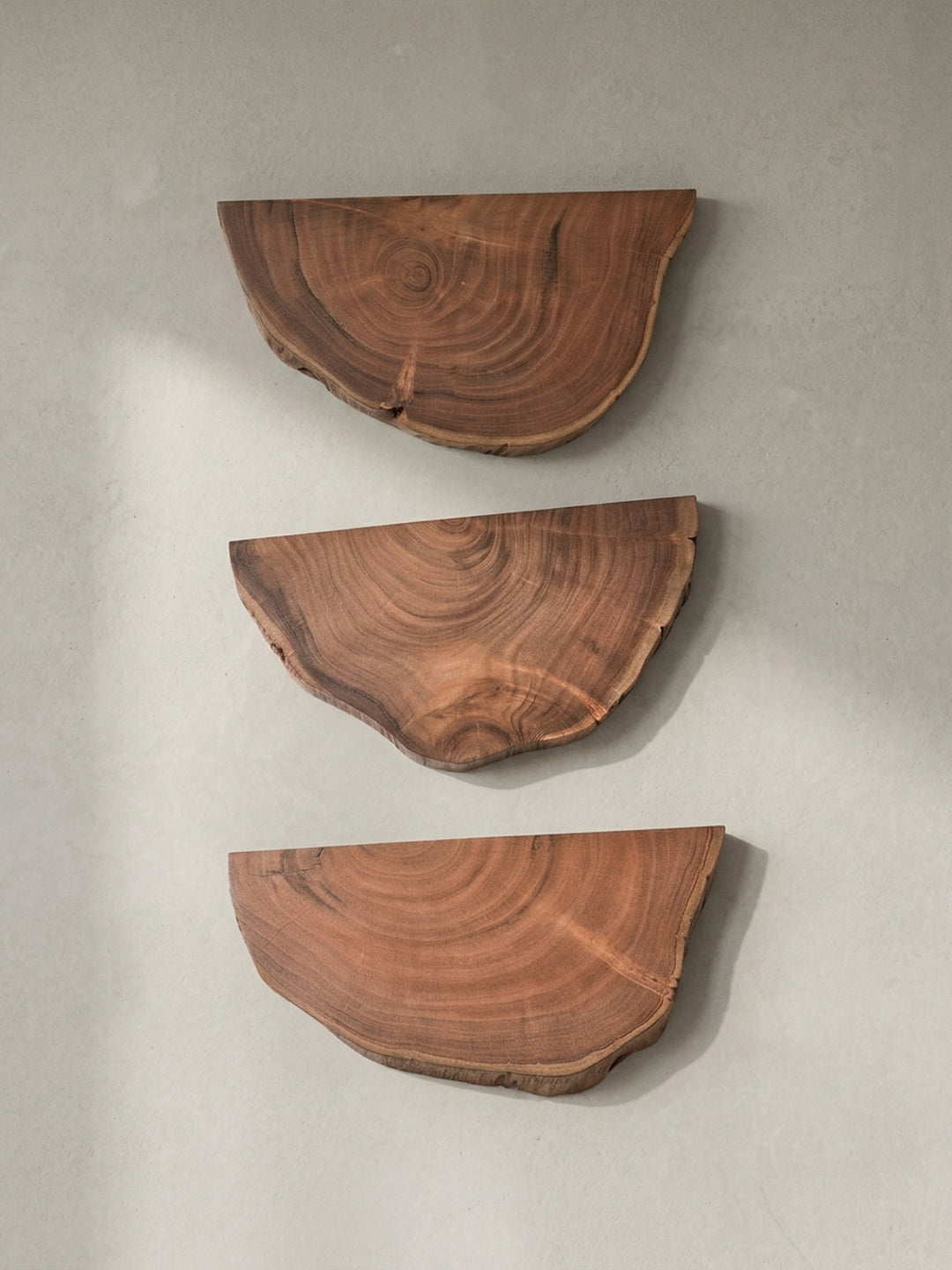 Gesamtüberblick über das moderne 3er Set Wandregale, dessen Design von der natürlichen Form eines Baumstamms inspiriert ist._