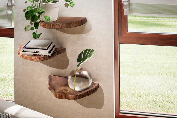 Wandregal Akazie Massivholz Modern Stil 3er Set Baumscheibe mit Baumkante
